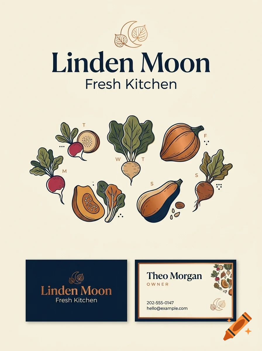 A branding design mockup featuring root vegetables like radishes, beets, and squash, with the text Linden Moon Fresh Kitchen.