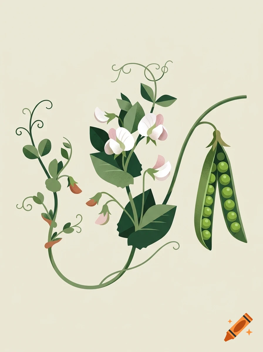 Botanical illustration of a pea plant showing vines, white and pink flowers, and an open pod revealing green peas.