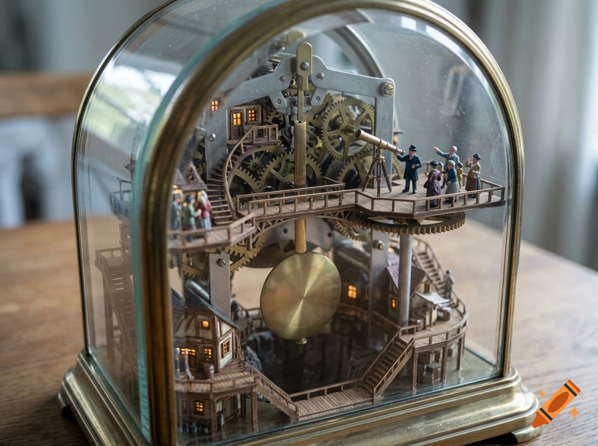 An intricate clockwork mechanism under a glass dome features miniature wooden walkways, buildings, and tiny figures, including a person looking through a telescope.