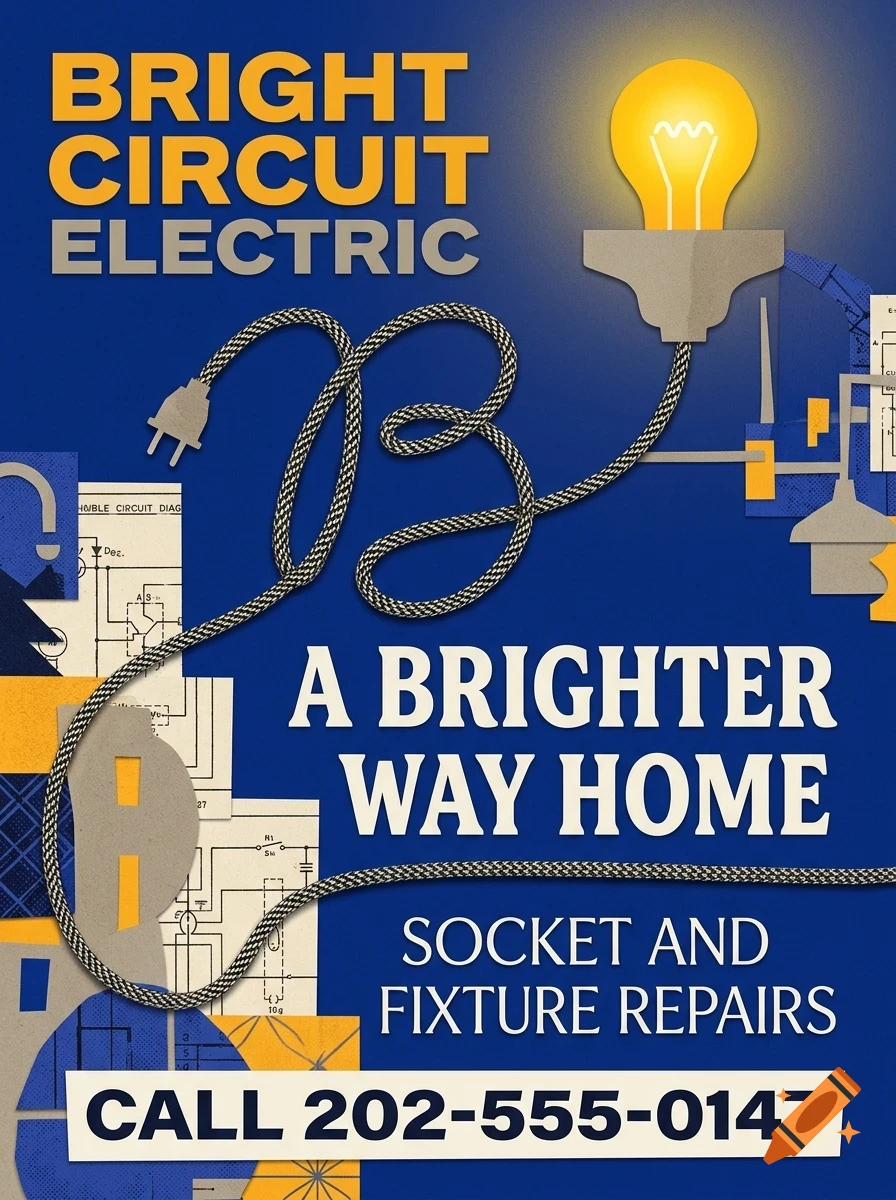 An advertisement for Bright Circuit Electric with a light bulb, electrical cord shaped like a letter, and text for socket and fixture repairs.