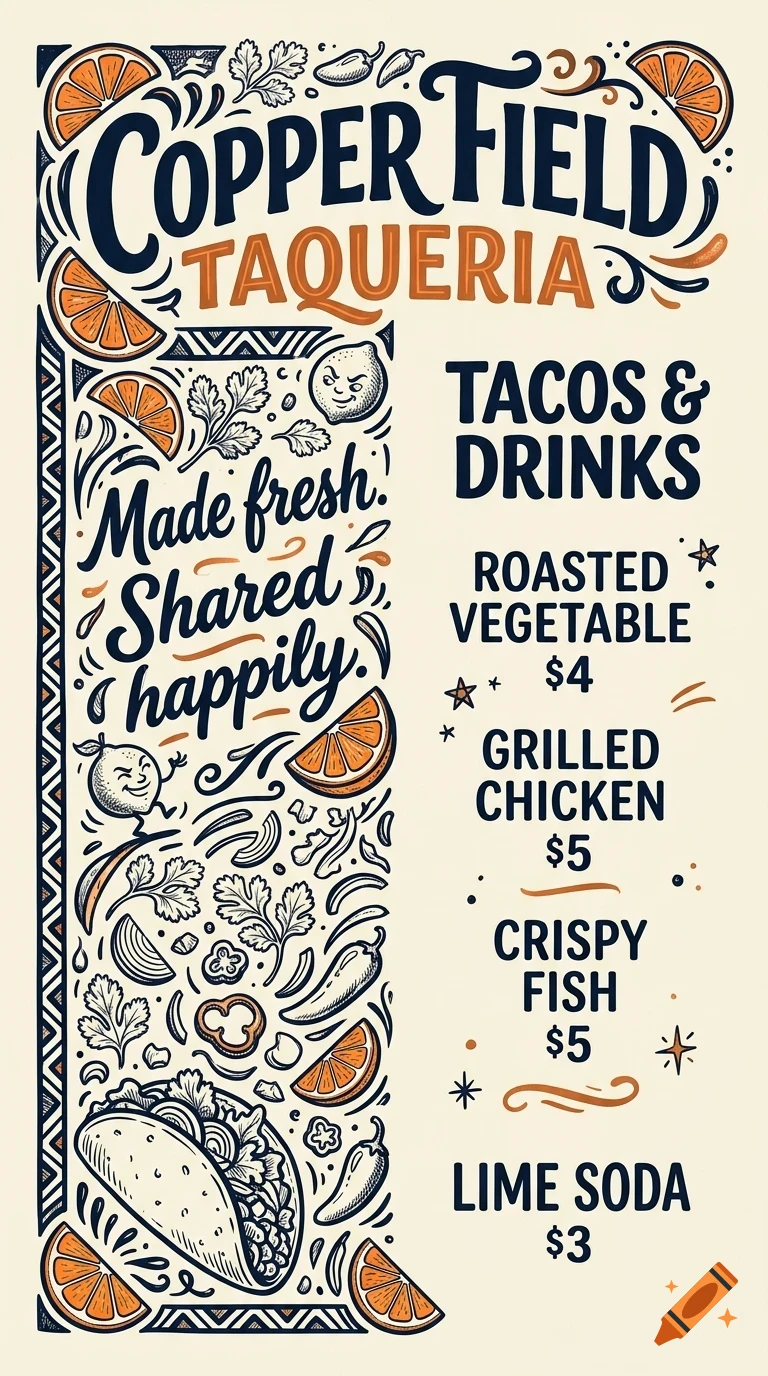 An illustrated restaurant menu design for Copper Field Taqueria, featuring lettering, tacos, drinks, and ingredients like orange slices and cilantro.