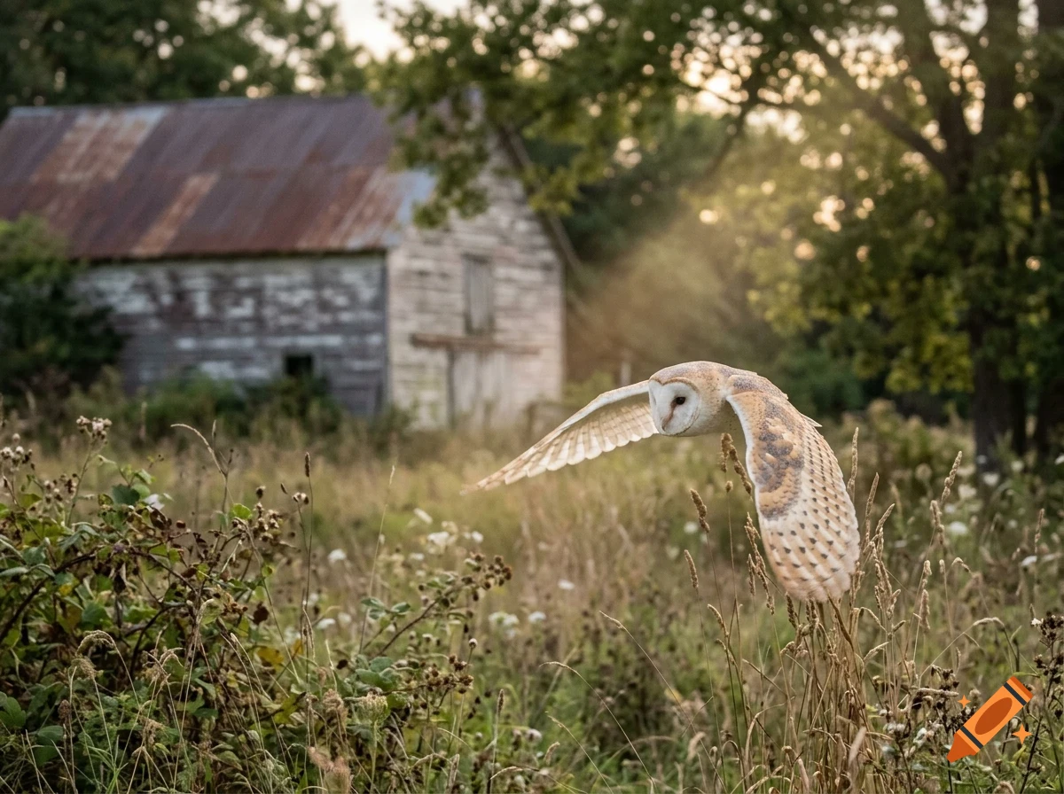 A barn owl in flight over a grassy field with a rustic barn in the background.