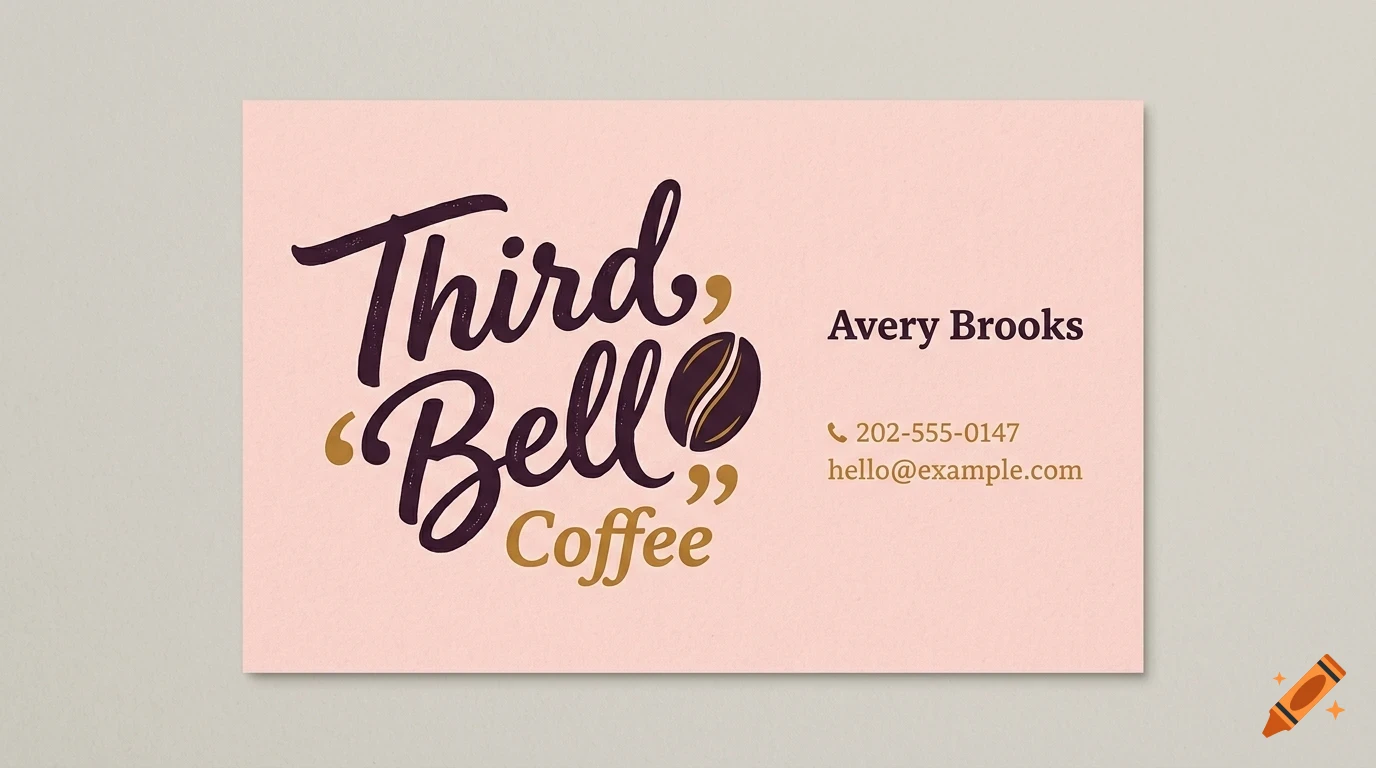 A pink business card mockup for Third Bell Coffee featuring stylized typography, a coffee bean graphic, and contact information.