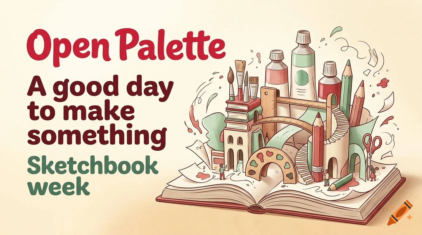 An open sketchbook with miniature art supplies, buildings, and tiny figures emerging from the pages, accompanied by the text 'Open Palette A good day to make something Sketchbook week'.
