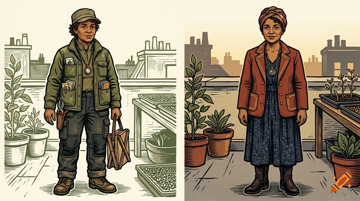 Two side-by-side illustrated portraits of a person on a rooftop garden, featuring ink and pencil styling.