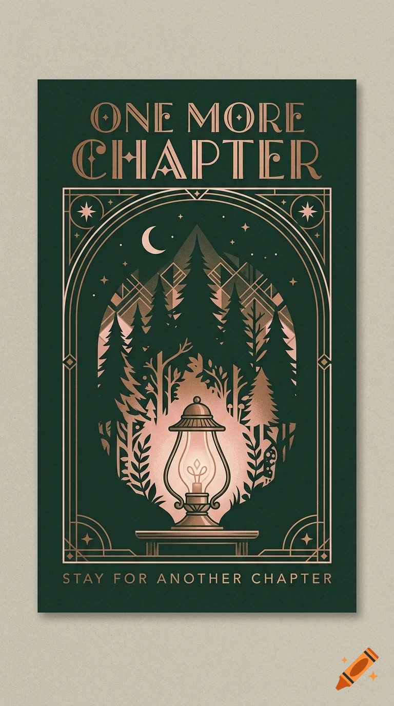An illustrated green and rose gold poster featuring a glowing lantern, forest, mountains, and the text ONE MORE CHAPTER.