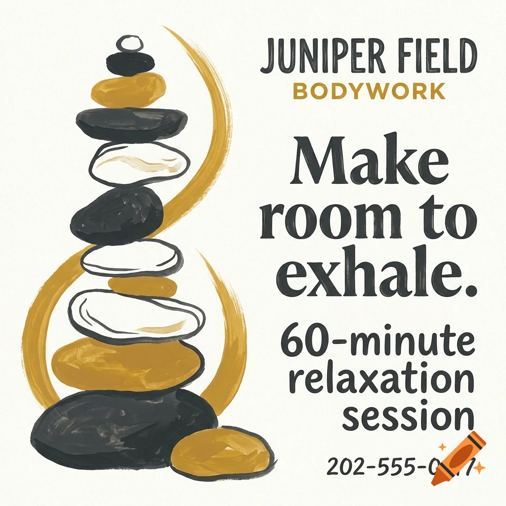 An illustrated stack of smooth stones with gold and black brushstrokes, alongside the text Juniper Field Bodywork and Make room to exhale.