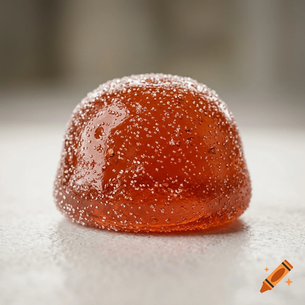 Photorealistic extreme close-up of an orange gummy candy coated in sugar granules.