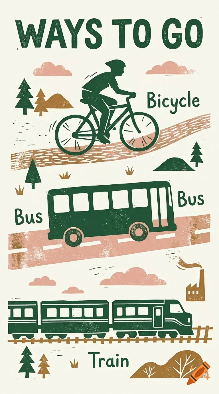 An illustrated poster titled Ways to Go showing a person riding a bicycle, a bus on a road, and a train on tracks.