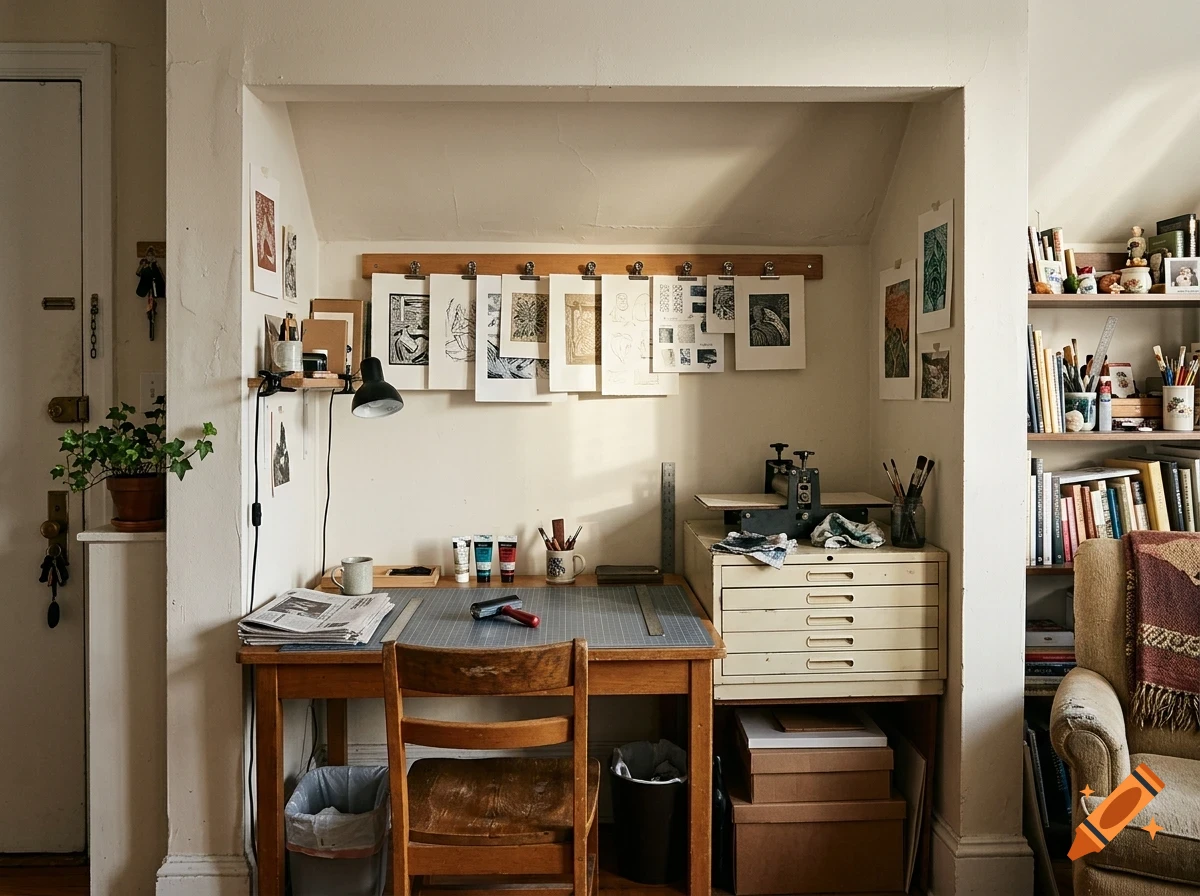 An artist's cozy studio nook features a wooden desk, a printing press on a drawer unit, and artworks clipped to a rail on the wall.