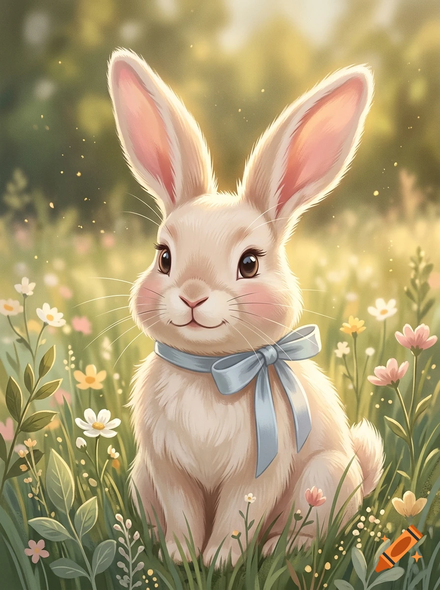 Digital painting of a cute, fluffy white rabbit with long ears and a light blue bow sitting in a spring meadow with wildflowers.