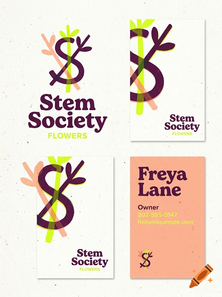 Branding design displaying business cards and logo concepts for Stem Society Flowers with stylized letter S and plant stems.