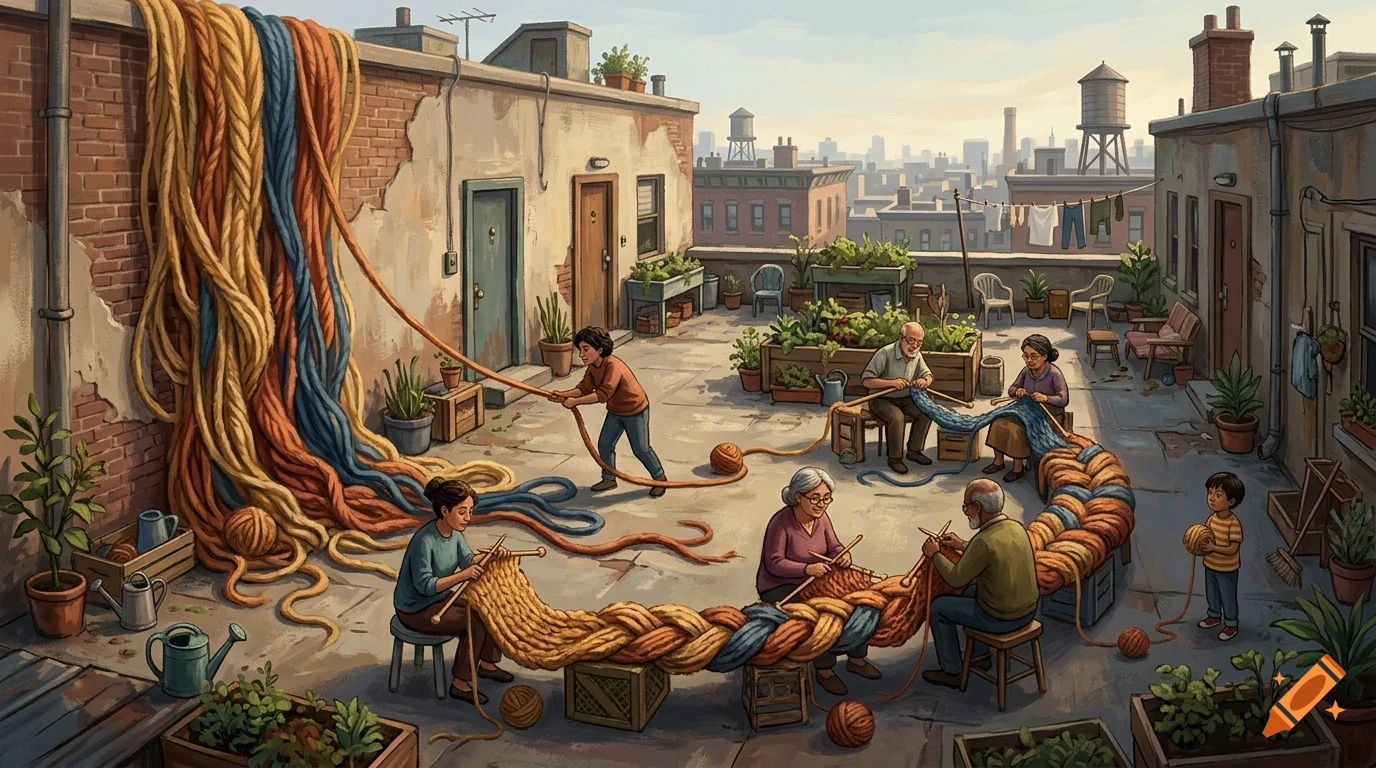 An illustration of people knitting giant yarn on a city rooftop.