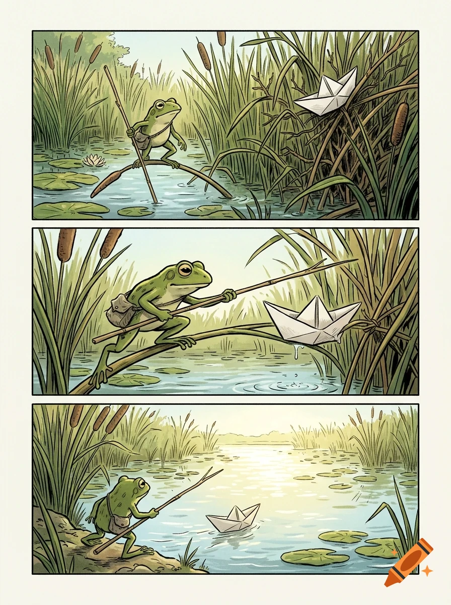A comic strip showing a frog with a backpack and stick encountering a paper boat in a marsh.