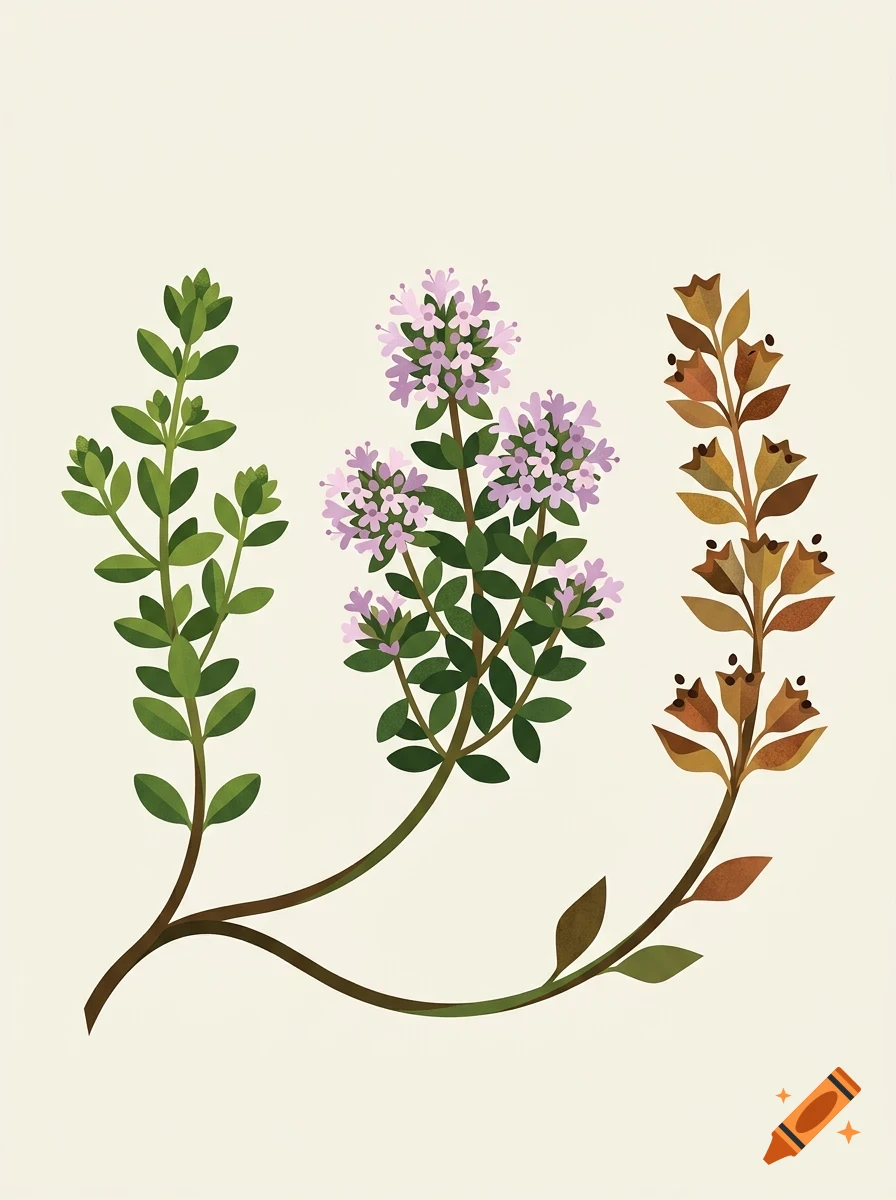 Illustration of three botanical stems with green leaves and pink flowers on a light background.