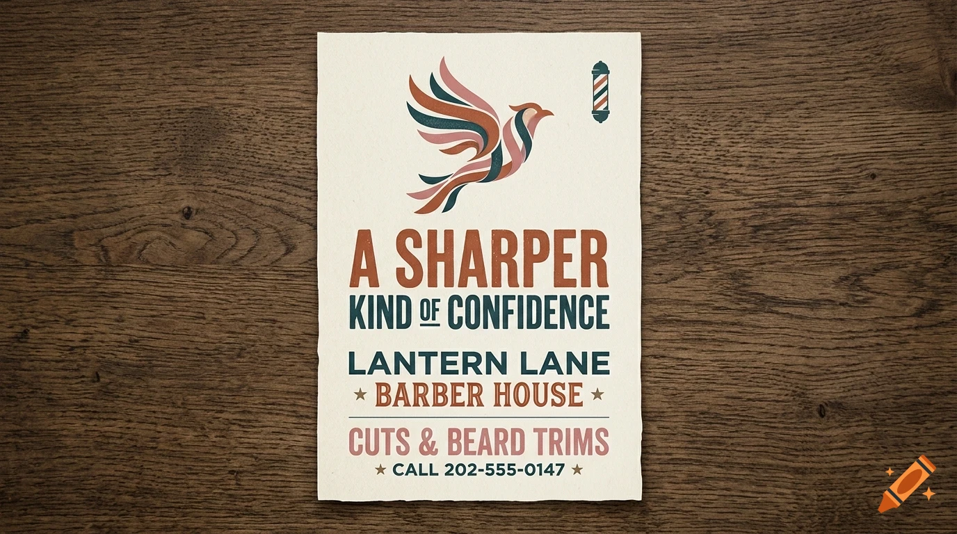 A flyer for Lantern Lane Barber House on a wooden table featuring a bird illustration and text including cuts and beard trims.
