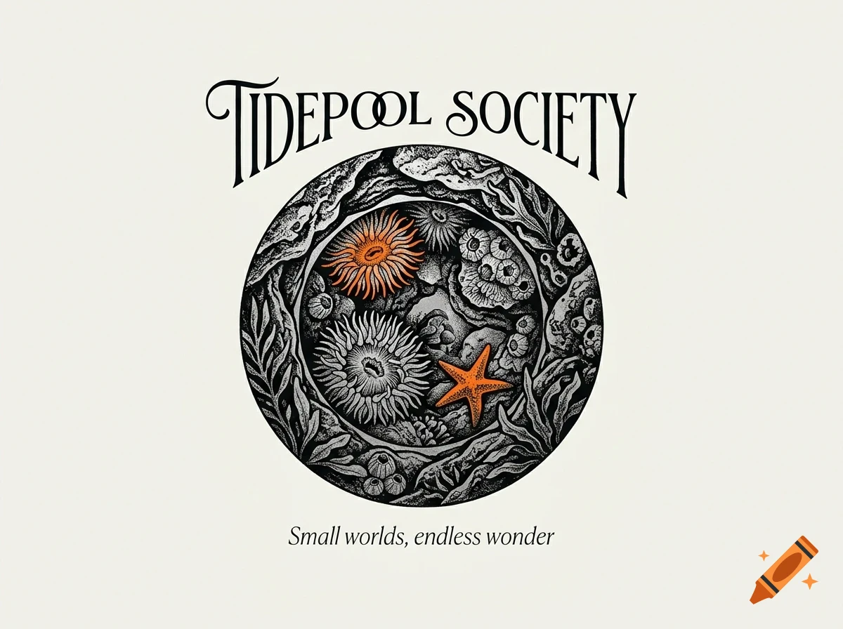 An ink and color illustration in a circular frame depicting a tidepool ecosystem with sea anemones and a starfish, accompanied by the text 'TIDEPOOL SOCIETY' and 'Small worlds, endless wonder'.