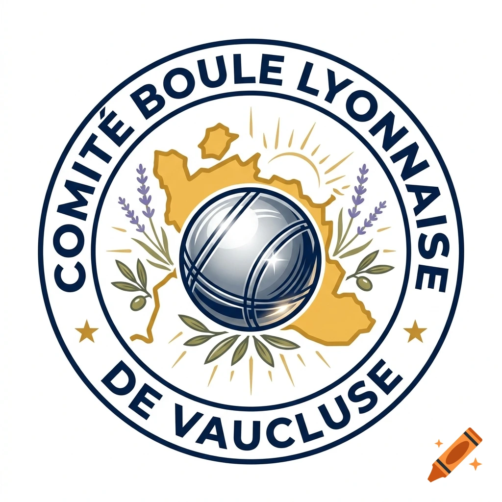 Logo for Comité Boule Lyonnaise de Vaucluse featuring a silver boules ball over a map and lavender sprigs within a circular badge.
