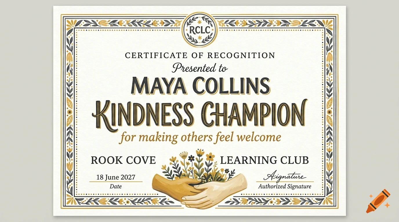 Certificate of recognition awarded to Maya Collins as Kindness Champion, featuring an ornate floral border and two hands shaking beneath flowers.