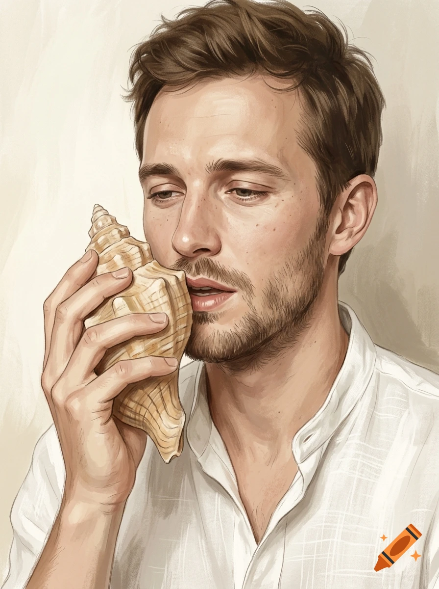 Digital illustration of a man with short brown hair and beard holding a spiral seashell to his mouth, wearing a white shirt.