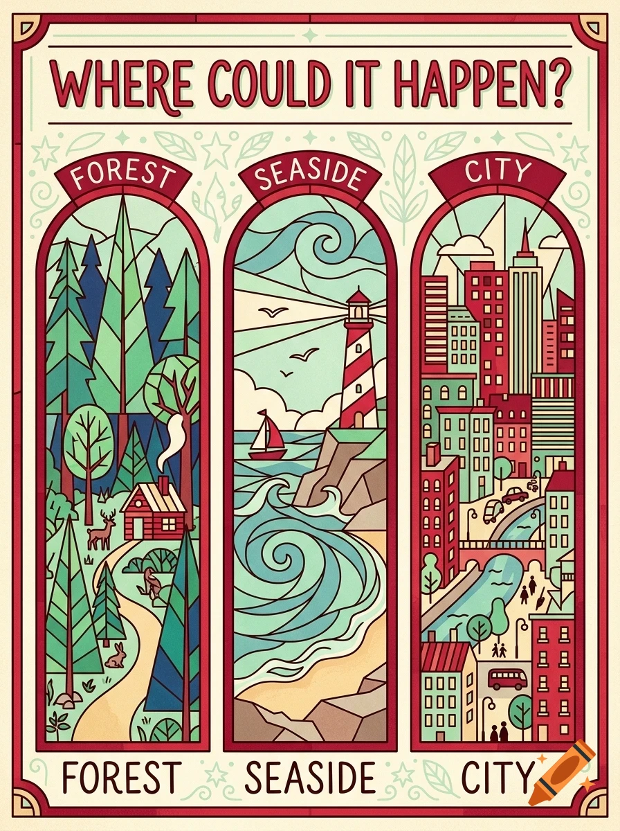An illustrated poster featuring three vertical panels labeled Forest, Seaside, and City, depicting a cabin in the woods, a lighthouse by the sea, and a busy city street.