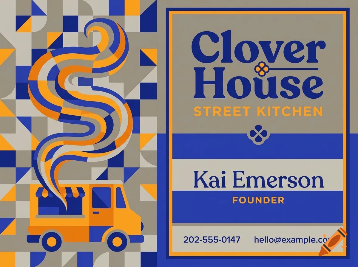 A business card or flyer design for Clover House Street Kitchen featuring a food truck graphic with stylized smoke, geometric patterns, and text reading Kai Emerson Founder.