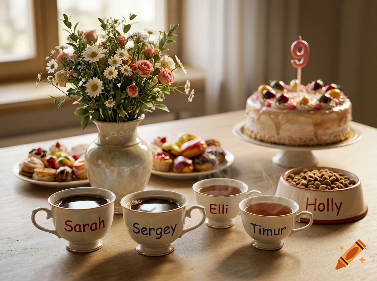 Photorealistic arrangement of cups with names, a flower vase, treats, and a birthday cake with the number nine.
