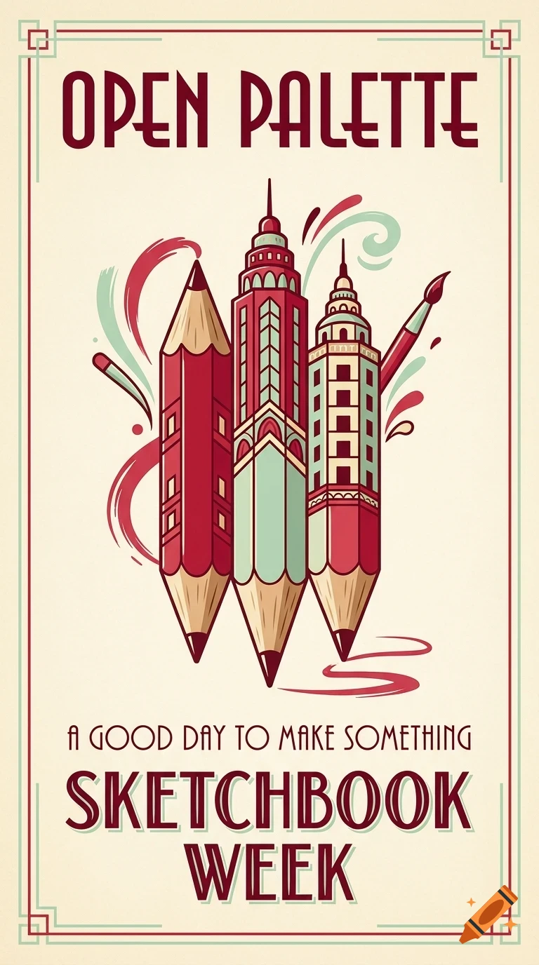 An illustrated poster featuring art supplies shaped like buildings, with the text OPEN PALETTE and SKETCHBOOK WEEK.