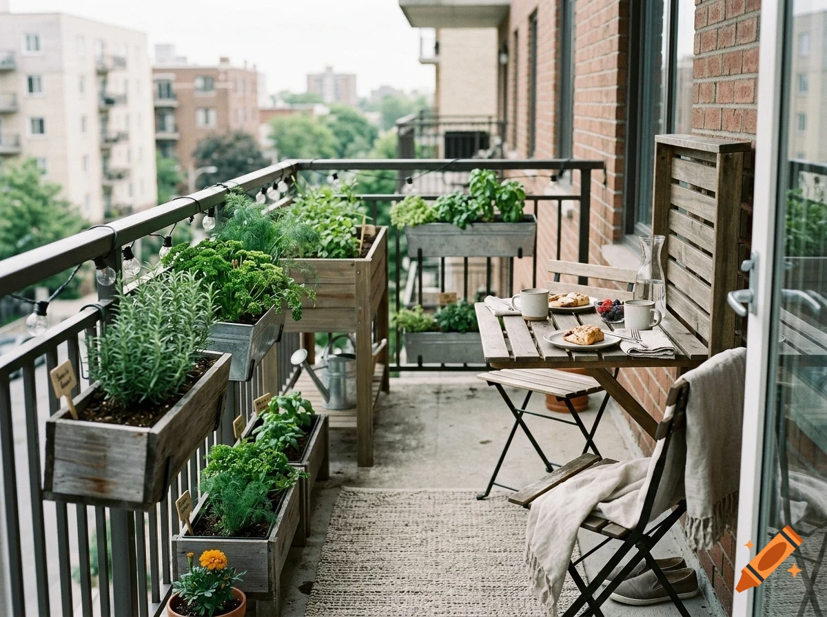 An apartment balcony filled with potted plants, a small wooden dining table set for breakfast, and chairs.