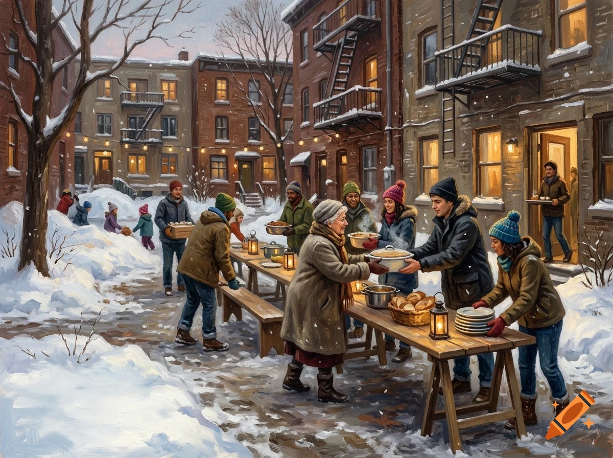A snowy outdoor winter neighborhood gathering with people sharing a communal meal at long wooden tables between brick buildings.