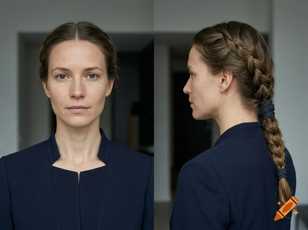 Front and side profile portraits of a woman with braided brown hair wearing a dark blue top.