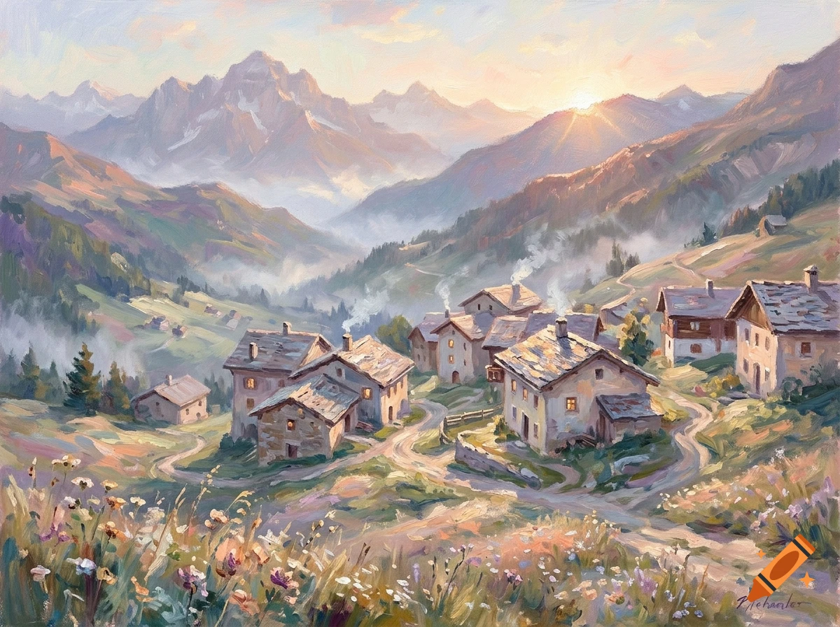 Impressionist painting of a mountain village at sunrise with rolling hills and wildflowers in the foreground