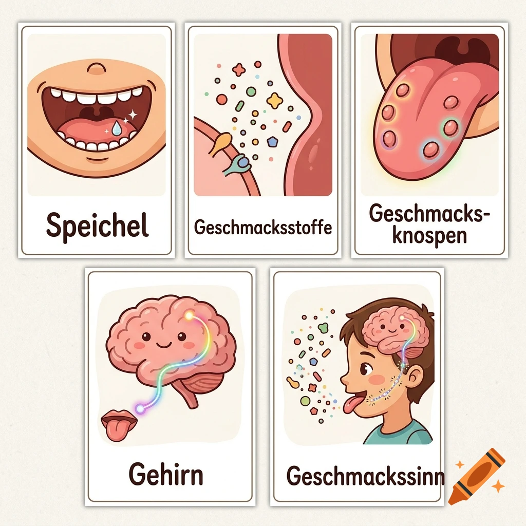Five educational flashcards illustrating the sense of taste, including saliva, taste buds, brain, and tongue in a clean cartoon style.