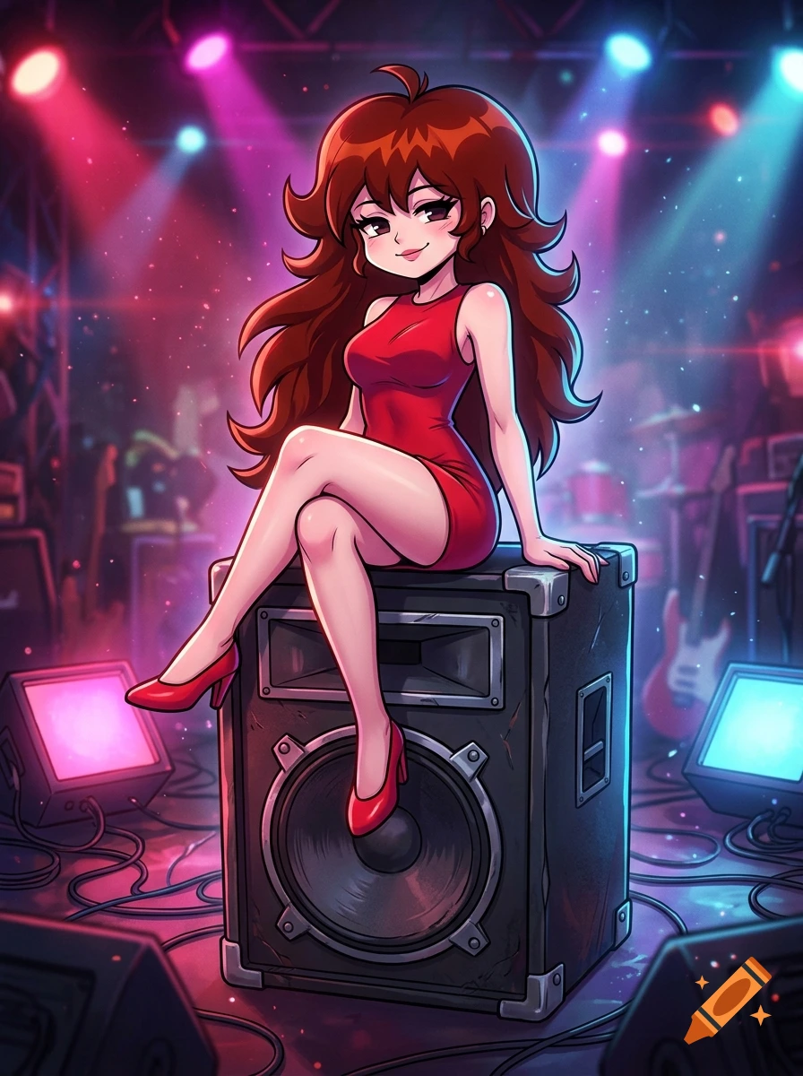 An anime-style illustration of a girl with long reddish-brown hair sitting on a large stage speaker, surrounded by stage lights and musical equipment.