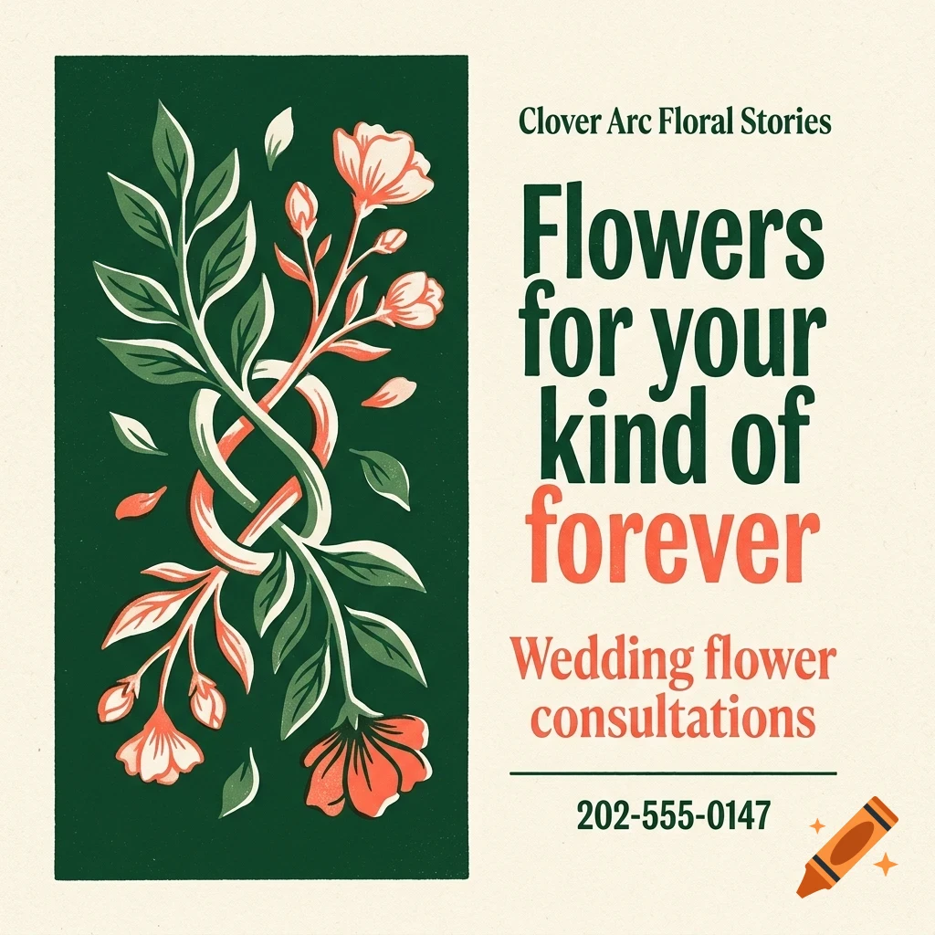 An illustrated poster featuring intertwined floral branches with green leaves and pinkish-orange flowers on a dark green panel, alongside text about wedding flower consultations.