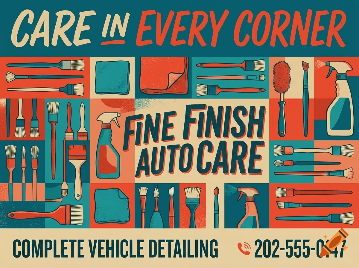 An illustrated poster for Fine Finish Auto Care featuring various cleaning tools, brushes, spray bottles, and text.