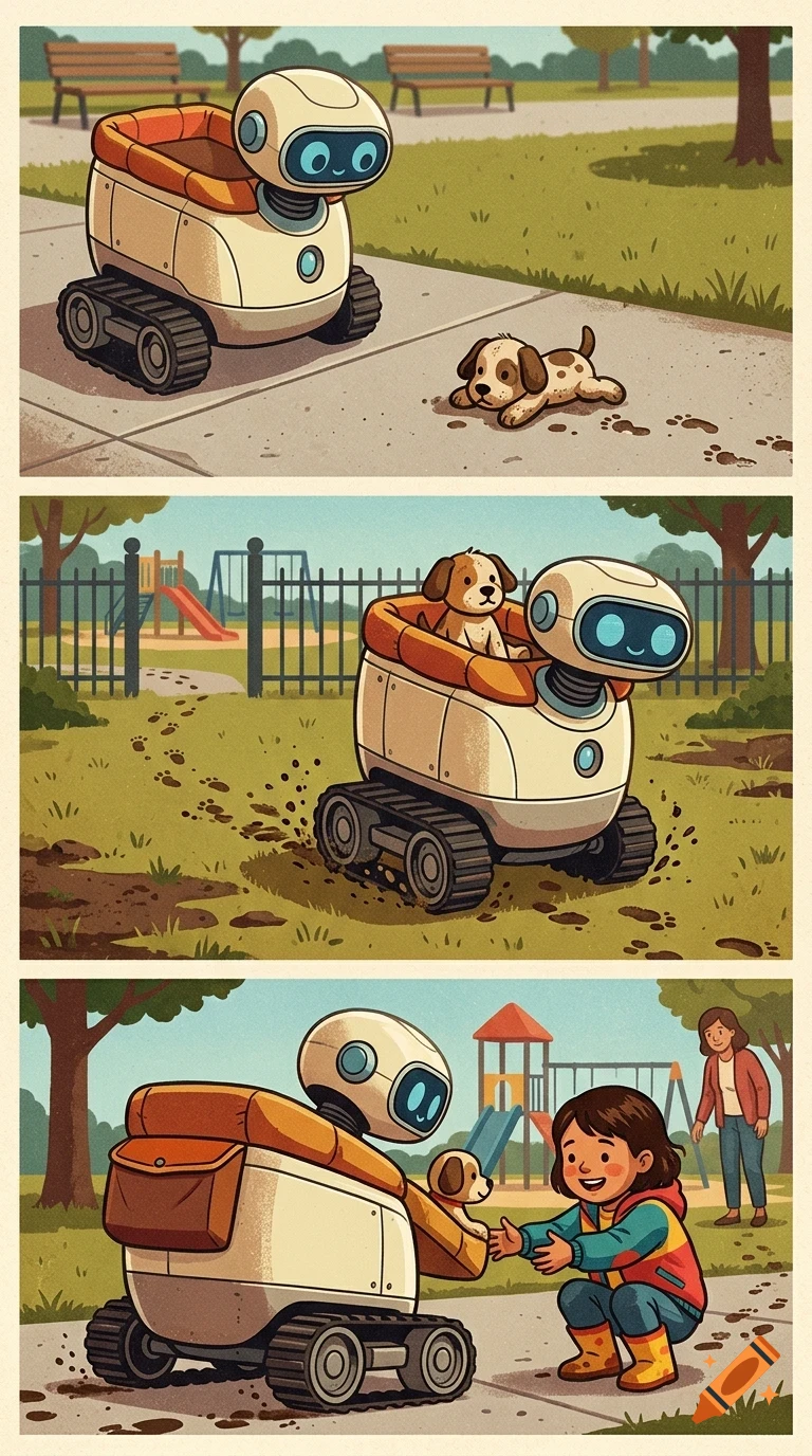 A three-panel illustration showing a small tracked robot interacting with a puppy and a young girl in a park.