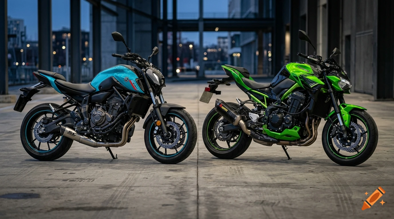 Photorealistic side-by-side view of a cyan Yamaha and a green Kawasaki motorcycle parked on a concrete floor at dusk.