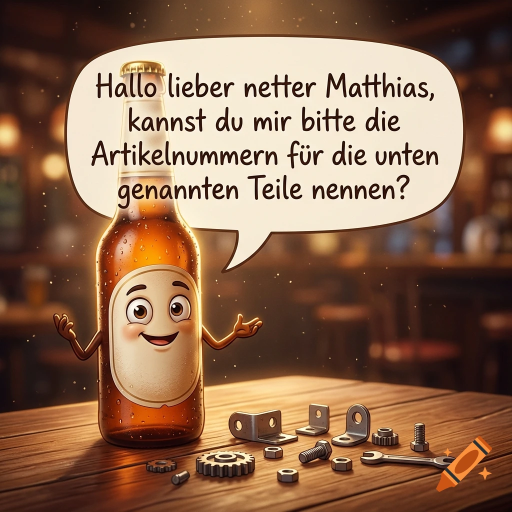 A cartoon beer bottle with a face and arms speaking in a speech bubble, standing on a wooden table with metal parts and a wrench.