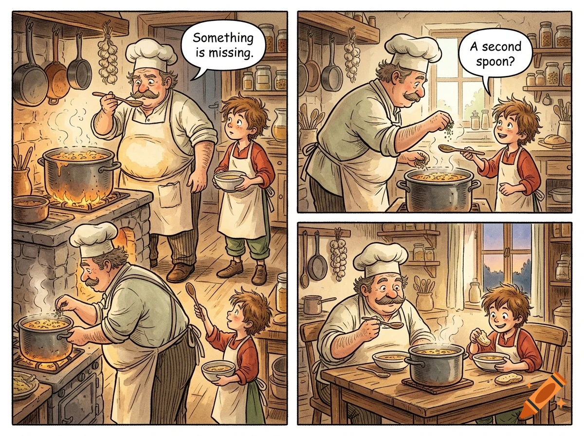 A comic strip showing a chef and a young child cooking soup together in a kitchen.
