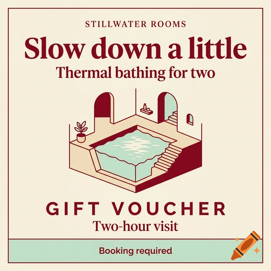 An isometric vector illustration of a thermal bath interior with the text Stillwater Rooms, Slow down a little, Thermal bathing for two, and Gift voucher.