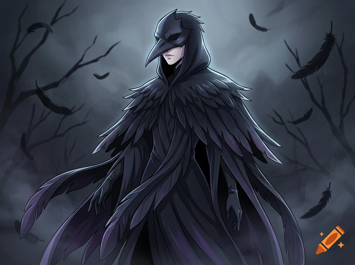 Digital anime style illustration of an androgynous figure wearing a raven mask and black feather cloak in a misty forest.