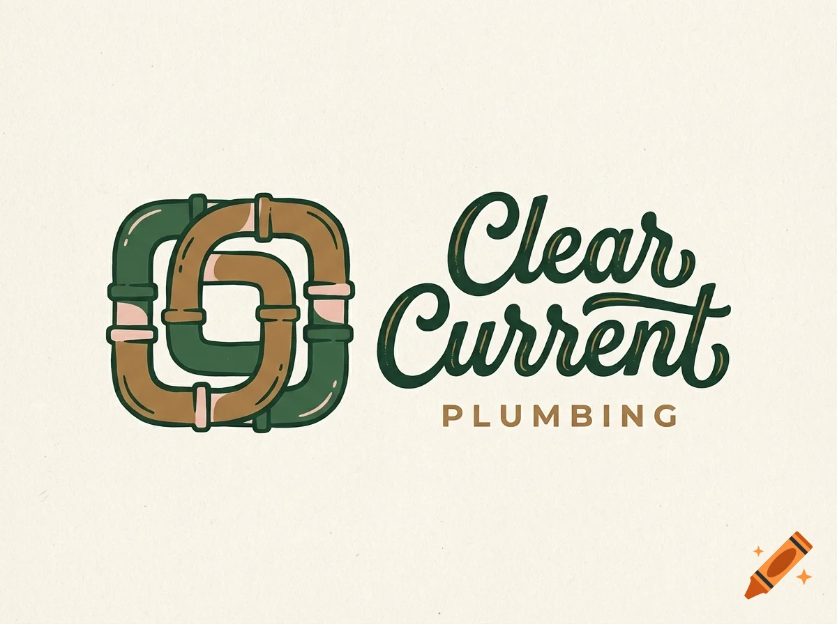 A logo for Clear Current Plumbing featuring interlocking green and brown pipes and cursive typography.