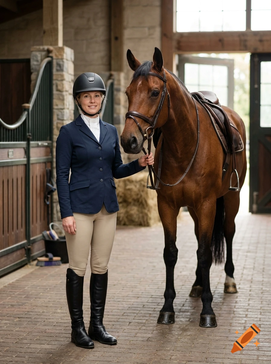 Photorealistic full-length portrait of a blonde woman in an equestrian outfit, wearing a riding helmet, standing next to a brown horse in a stable.