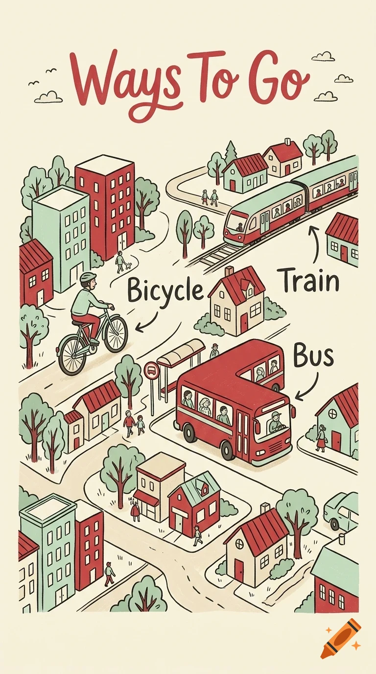 An illustrated map showing different modes of transportation like a bicycle, bus, and train in a town.
