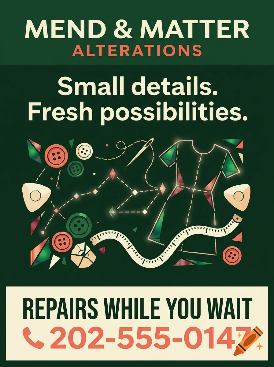 An advertisement for Mend & Matter Alterations featuring sewing-related illustrations including buttons, a needle, thread, and a measuring tape on a dark green background.