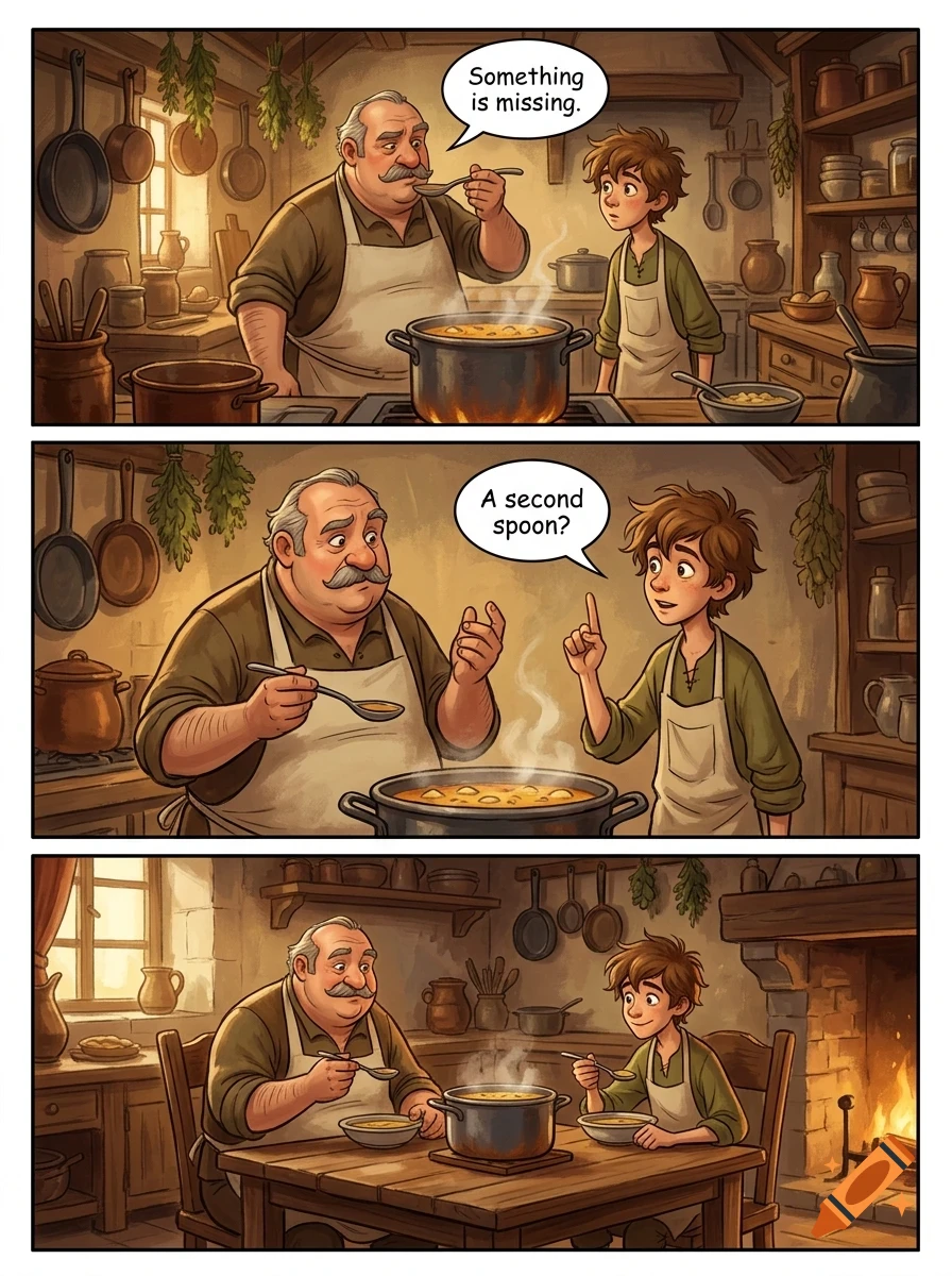 A three-panel comic illustration shows an older man and a boy cooking in a rustic kitchen, tasting soup from a pot, and finally eating together.
