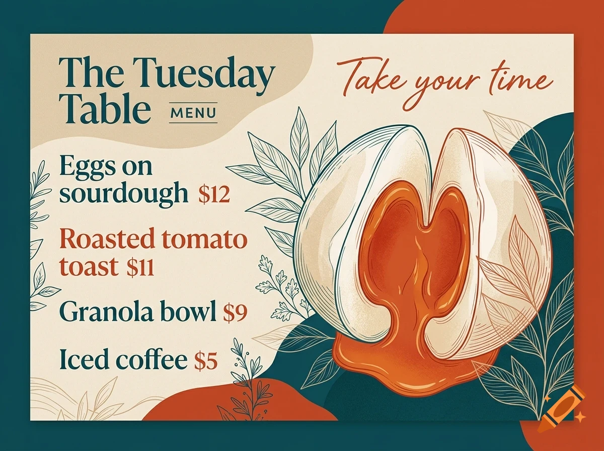 An illustrated menu for The Tuesday Table featuring food options and prices alongside a halved egg with runny yolk and botanical elements.
