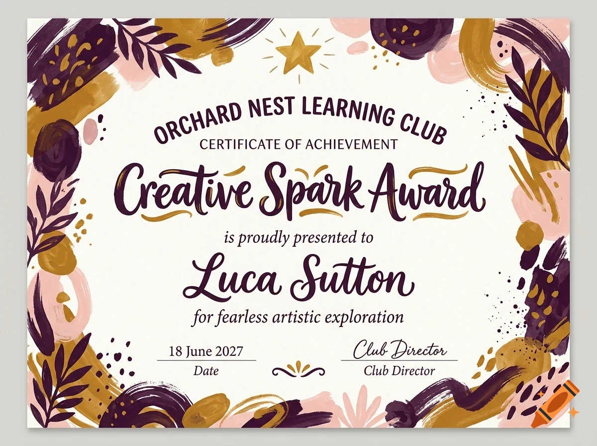 An achievement certificate titled Creative Spark Award with purple and gold painted abstract borders.