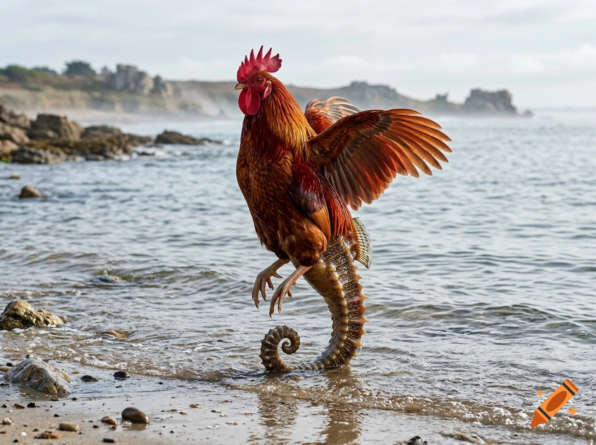 Photorealistic fantasy creature combining a rooster head and upper body with a seahorse lower body, standing on a sandy beach by the ocean.